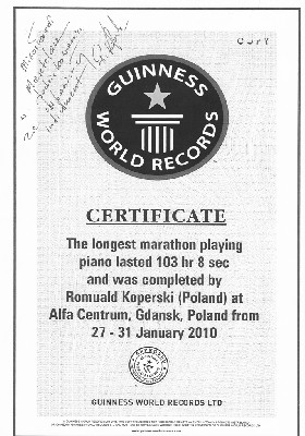 kopia certyfikatu Rekordu Guinnessa w kat. Najdłuzszy koncert fortepianowy
