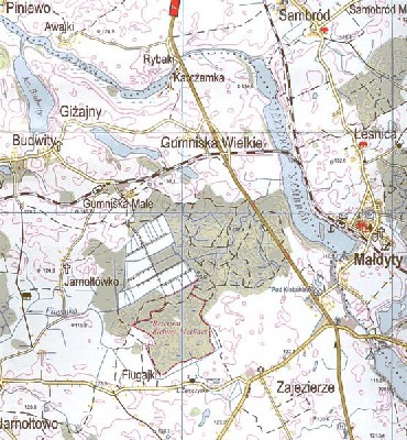 Okolice Gumnisk Wielkich na współczesnej mapie